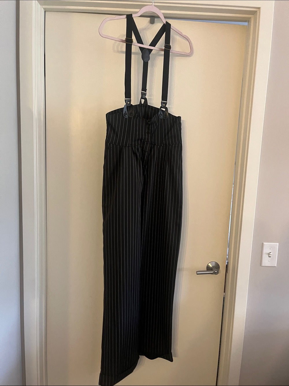 Unique Vintage Black Pinstripe High-Waist Jumpsuit with Suspenders
